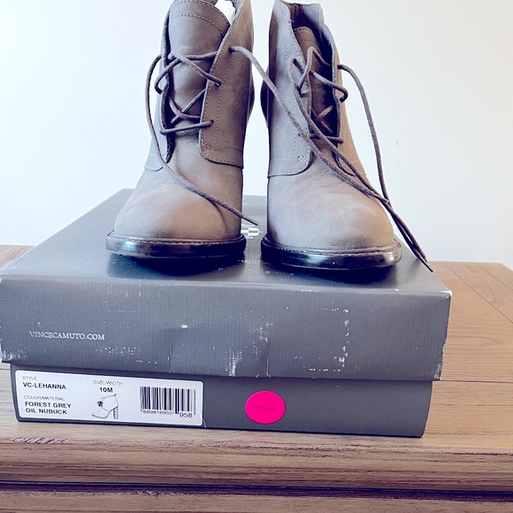 Vince Camuto stacked Booties. Grey nubuck leather stacked heel. - Picture 3 of 4